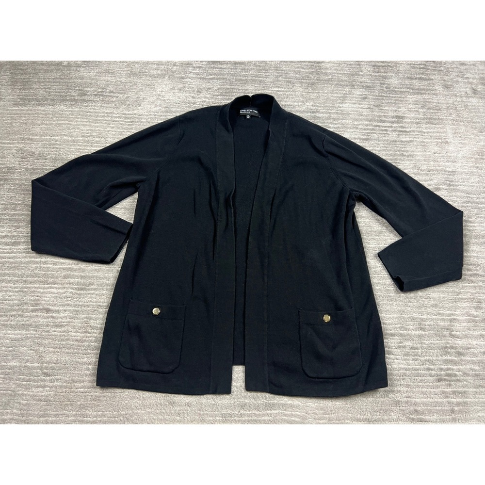 Jones New York Cardigan Womens XL Black Open Front Gold Button Pockets Knit